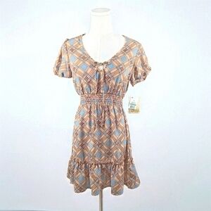 NWT BeBop Blue And Tan Plaid Smocked Waist Mini Dress Puff Sleeve S Retro Print